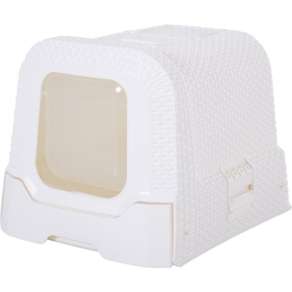 PawHut Maison de toilette pour chat tiroir à litière coulissant porte battante filtre odeur + pelle fournis 54L x 42l x 41H cm blanc 3662970061619 D31-002WT