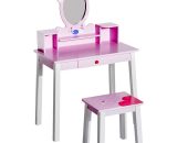 Homcom Coiffeuse enfant table de maquillage avec tabouret, 1 tiroir, miroir 59 x 39 x 92 cm bois rose 350-014 3662970019924