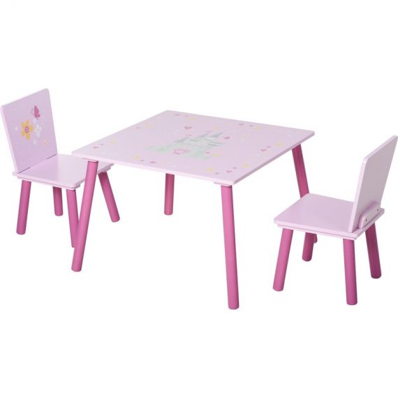 HOMCOM Ensemble table et chaises enfant design princesse motif château bois pin MDF rose 312-016 3662970073636