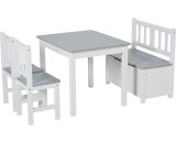 HOMCOM Ensemble de table et chaises enfant - set de 4 pièces - table, 2 chaises, banc coffre 2 en 1 - MDF pin blanc gris 312-001GY 3662970073629