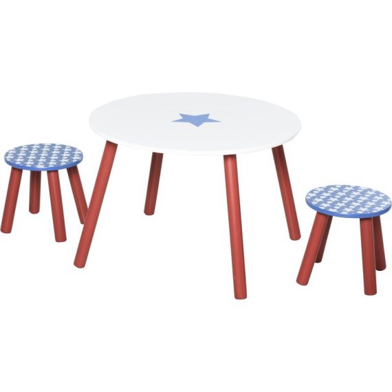 HOMCOM Ensemble table et chaises enfant - table ronde + 2 tabourets - motif étoilé - bois pin MDF bleu blanc 312-017 3662970073643