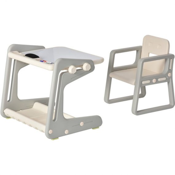 HOMCOM Ensemble table et chaise pour enfant - bureau enfant tableau blanc 2 en 1 - 3 marqueurs + brosse inclus - rangements - HDPE gris beige 312-021 3662970075364