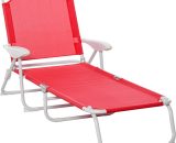 Outsunny Chaise longue bain de soleil pliable transat inclinable 4 positions avec accoudoirs revêtement tissu textilène métal époxy rouge 84B-438RD 3662970080023