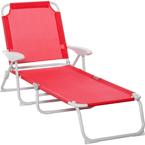 Outsunny Chaise longue bain de soleil pliable transat inclinable 4 positions avec accoudoirs revêtement tissu textilène métal époxy rouge 84B-438RD 3662970080023