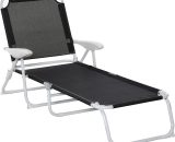 Outsunny Chaise longue bain de soleil pliable inclinable 4 positions grand confort avec accoudoirs revêtement tissu textilène métal époxy noir 84B-438BK 3662970080009