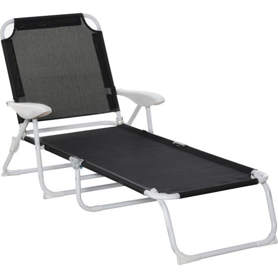 Outsunny Chaise longue bain de soleil pliable inclinable 4 positions grand confort avec accoudoirs revêtement tissu textilène métal époxy noir 84B-438BK 3662970080009