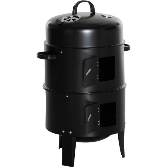 Barbecue fumoir Grill braséro 3 en 1-2 grilles de Cuisson, 2 Portes - thermomètre, aérateur - Ø 40 x 80H cm - Acier INOX. Noir 846-089 3662970102657