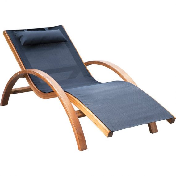Outsunny Bain de soleil avec tétière rembourrée design ergonomique revêtement textilène bois massif de pin 165 x 72 x 86 cm teck et noir 840-016 3662970006306