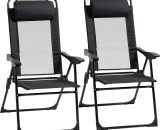 Outsunny Lot de 2 chaises de jardin pliantes avec accoudoir dossier réglable sur 5 niveaux oreiller amovible fourni textilène charge 120 Kg noir 84B-902BK 3662970088135