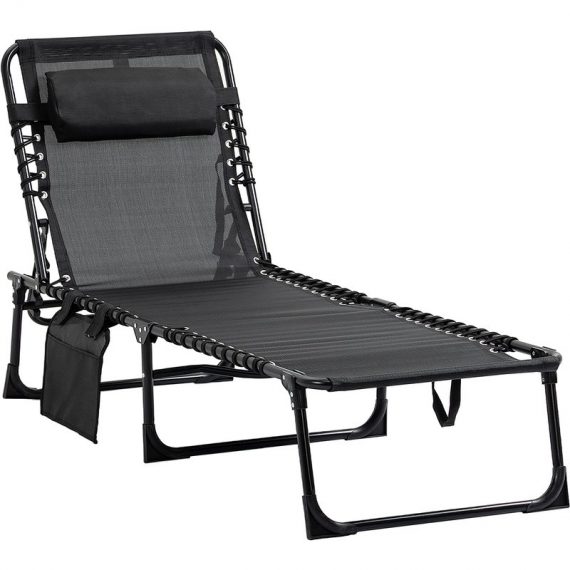 Outsunny Chaise longue pliable inclinable 5 niveaux têtière amovible pochette latérale intégrée revêtement textilène acier dim. 185 x 58 x 30 cm noir 84B-812BK 3662970089637