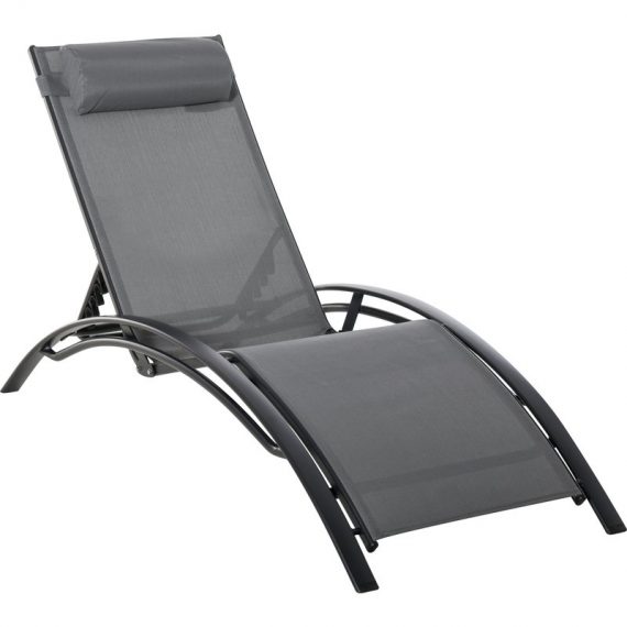 Outsunny Chaise longue bain de soleil transat dossier inclinable avec accoudoirs têtière amovible textilène aluminium 171 x 64 x 82 cm gris foncé 84B-179V01CG 3662970079935