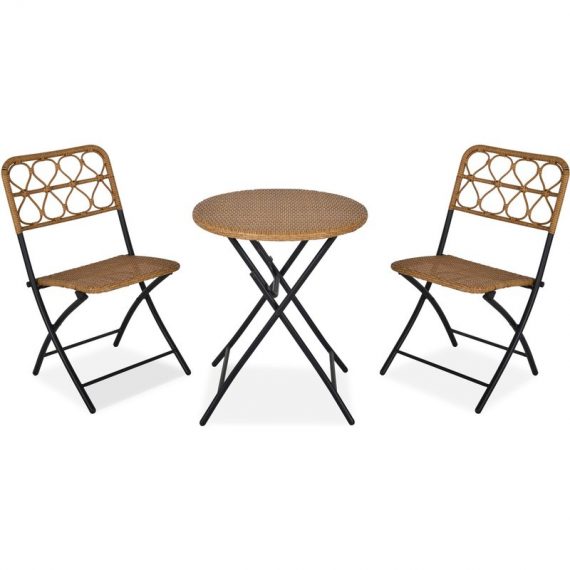 Outsunny Ensemble salon de jardin 2 chaises et table pliables aspect résine tressée acier 60 x 60 x 71 cm bois naturel 863-054 3662970078020