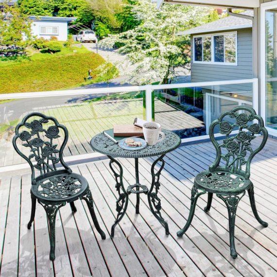 Outsunny Ensemble salon de jardin 2 places 2 chaises + table ronde avec trou pour parasol style rétro fonte d'aluminium 60 x 60 x 69 cm bronze 01-0795 3662970005194