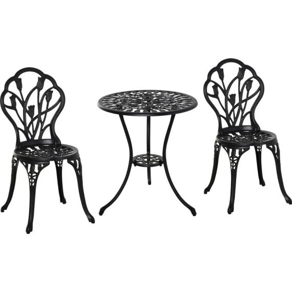 Outsunny Ensemble salon de jardin 2 places 2 chaises + table ronde fonte d'aluminium imitation fer forgé noir 84B-500BK 3662970088944