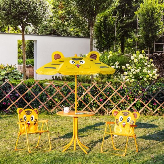 Outsunny Ensemble salon de jardin enfant 4 pcs design tigre - table ronde + 2 chaises pliables + parasol - métal époxy oxford jaune-AOSOM.fr 312-069YL 3662970100868