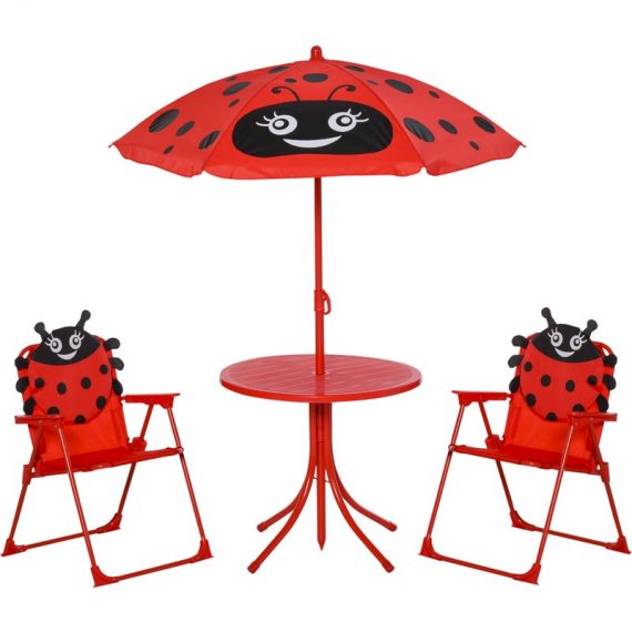 Outsunny Ensemble salon de jardin enfant 4 pcs design grenouille - table ronde + 2 chaises pliables + parasol - métal époxy oxford rouge-AOSOM.fr 312-024RD 3662970100592