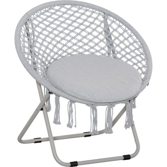 Outsunny Loveuse fauteuil rond de jardin fauteuil lune papasan pliable grand confort macramé coton polyester gris 84B-603V01LG 3662970103579