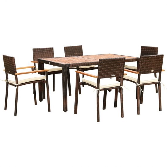 Outsunny Ensemble de table et 6 chaises de jardin en résine tressée avec coussins d'assise et plateau table en bois d'acacia - marron 84B-742BN 3662970103265