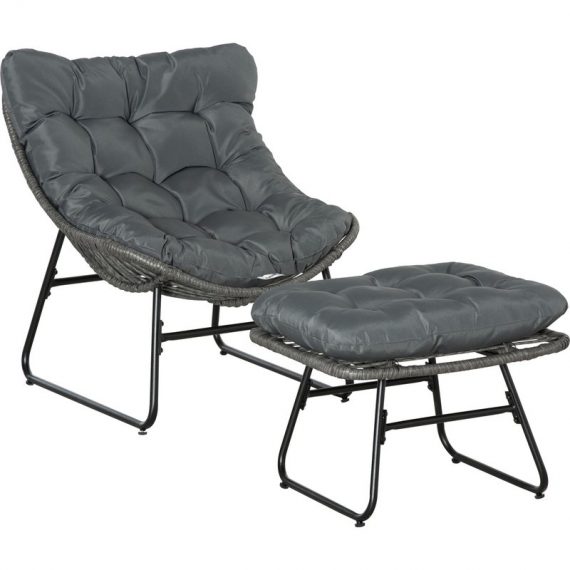 Outsunny Fauteuil chaise de jardin avec repose-pieds en métal époxy et résine tressée aspect rotin avec coussins moelleux - gris 867-110GY 3662970103418