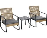 Outsunny Ensemble de jardin 3 pièces style cosy 2 fauteuils à bascule avec coussins assise dossier + table basse résine rotin naturel gris 863-095 3662970087015