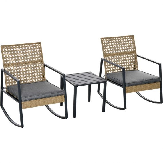 Outsunny Ensemble de jardin 3 pièces style cosy 2 fauteuils à bascule avec coussins assise dossier + table basse résine rotin naturel gris 863-095 3662970087015