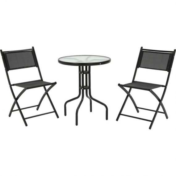 Outsunny Ensemble bistro de jardin 3 pièces 2 chaises pliables + table basse ronde verre trempé métal époxy toile en maille haute densité-AOSOM.fr 84B-691 3662970102305