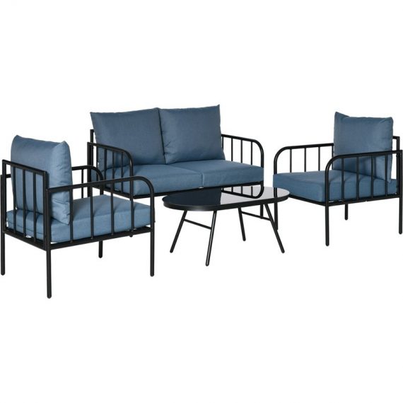 Outsunny Ensemble salon de jardin 4 pièces canapé 2 places 2 fauteuils table basse  4 coussins rembourrage épais métal bleu foncé et noir 84B-863 3662970101957