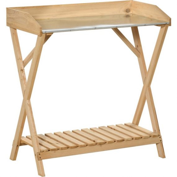 Outsunny Table de rempotage jardinage table de plantation étagère de rangement plateau en métal galvanisé bois sapin marron clair 845-668 3662970086971