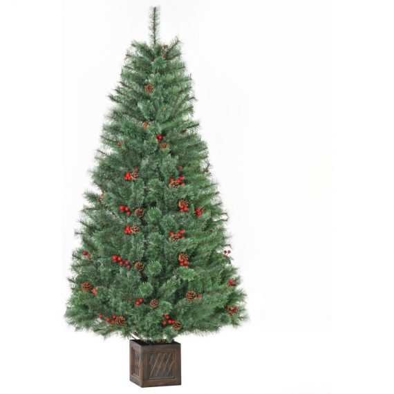 HOMCOM Arbre de Noël artificiel sapin de Noël artificiel Ø 90 x 180H cm avec 434 branches pot carré marron 49 pommes de pin et 49 baies rouges vert 830-319 3662970093542