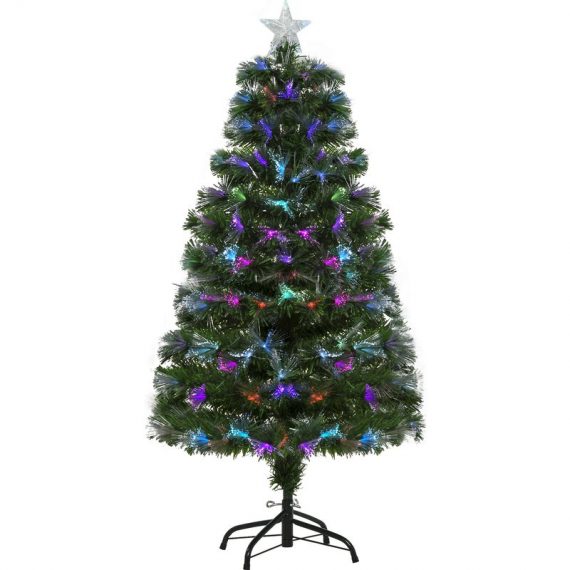 HOMCOM Sapin de Noël artificiel lumineux fibre optique LED multicolore + support pied Ø 66 x 120H cm 130 branches étoile sommet brillante vert 830-017 3662970008942