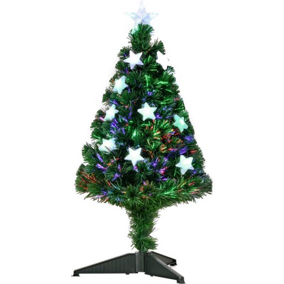Homcom Sapin de Noël artificiel lumineux fibre optique LED multicolore + support pied Ø 45 x 90H cm 90 branches étoile sommet brillante vert 02-0344 3662970000694