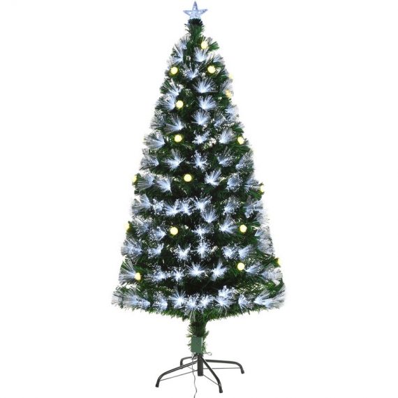 HOMCOM Sapin de Noël artificiel lumineux fibre optique LED + 20 ampoules + support pied Ø 63 x 120H cm 130 branches étoile sommet brillante vert 830-290V92 3662970073759