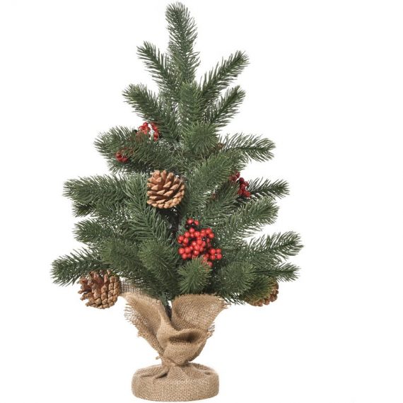 HOMCOM Sapin de Noël de table - mini sapin de Noël artificiel hauteur 50 cm avec 4 baies rouges et 4 pommes de pin 55 branches - vert 830-386 3662970110324