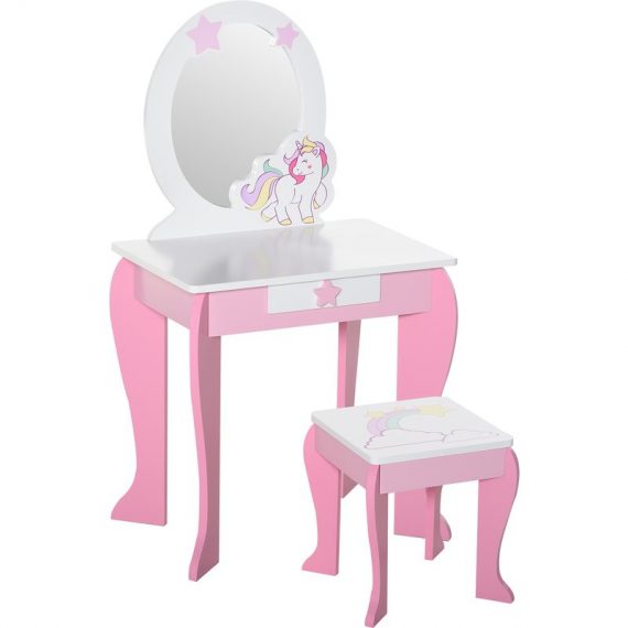 HOMCOM Coiffeuse enfant table de maquillage meuble jeu enfant fille tabouret inclus miroir avec motif de licorne tiroir MDF rose 350-089 3662970078938