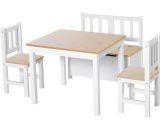 HOMCOM Ensemble de table et chaises enfant - set de 4 pièces - table, 2 chaises, banc coffre 2 en 1 - MDF pin bois naturel et blanc 312-001 3662970091883