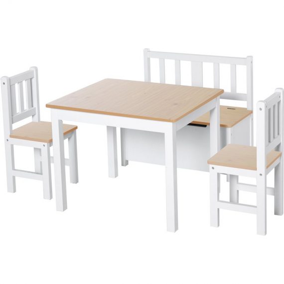 HOMCOM Ensemble de table et chaises enfant - set de 4 pièces - table, 2 chaises, banc coffre 2 en 1 - MDF pin bois naturel et blanc 312-001 3662970091883