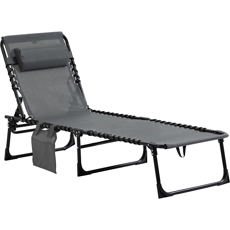 Outsunny Chaise longue pliable dossier inclinable 5 niveaux tétière amovible pochette latérale intégrée revêtement acier 185 x 58 x 30 cm gris 84B-812GY 3662970089620