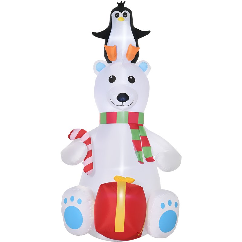Outsunny 7ft Christmas Inflatable Polar Bear with Penguin on Head with Candy Cane and Gift Box, Blow-Up Outdoor LED Yard Display for Lawn Garden Party 844-556V90MX 3662970110317
