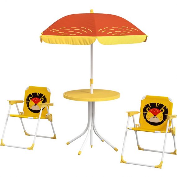 Outsunny Ensemble salon de jardin enfant 4 pièces motif du lion avec parasol réglable Ø 100 cm chaise pliable jaune 3E3-004V00YL 3662970148679